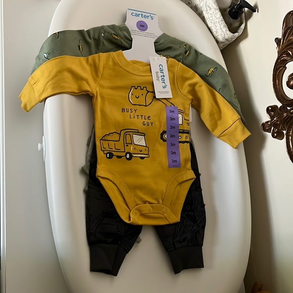 Carter’s 2 Piece Sets Dinosaur and Tractor Yellow and Grey Onesie and Pants - Picture 1 of 4